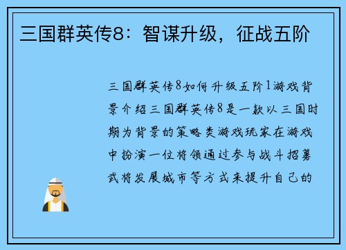 三国群英传8：智谋升级，征战五阶